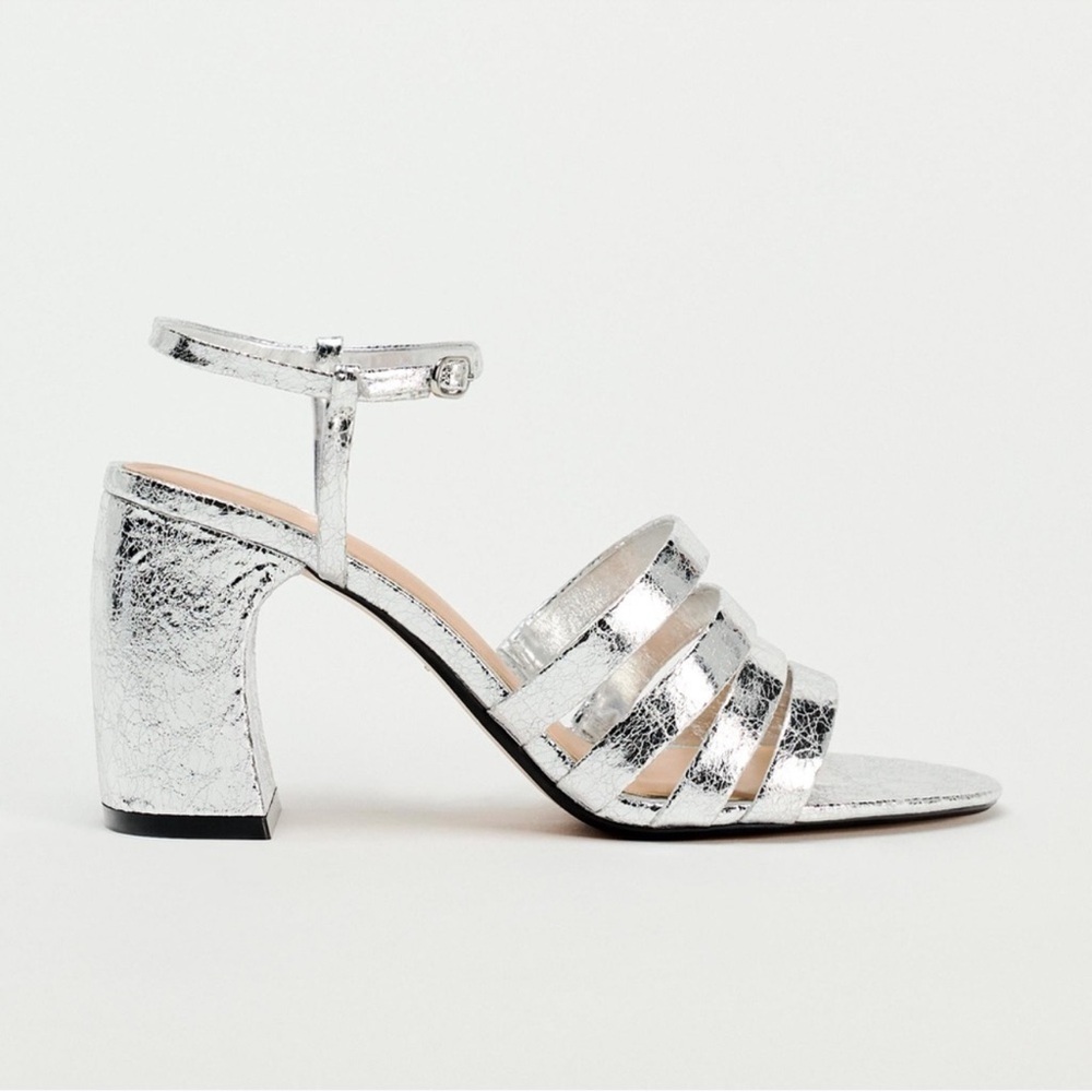 Zara Silver Strappy Block Heel Sandals